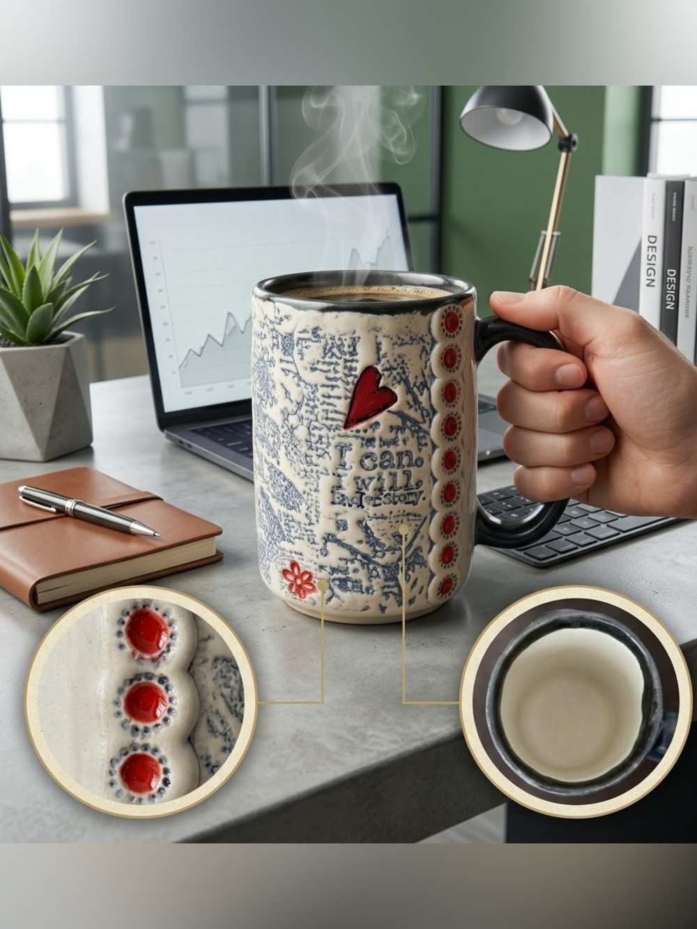 Unique 'I Can, I Will' Heart Coffee Mug Motivational Desk Gift for Leaders Home
